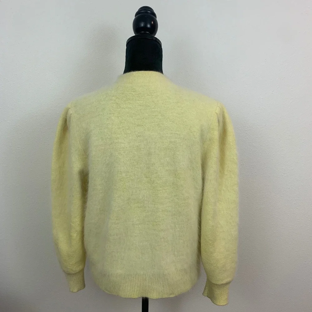 Vigor Vintage Angora Blend Cardigan Yellow Floral‎ Ribbon Rose Pearl Beaded XL